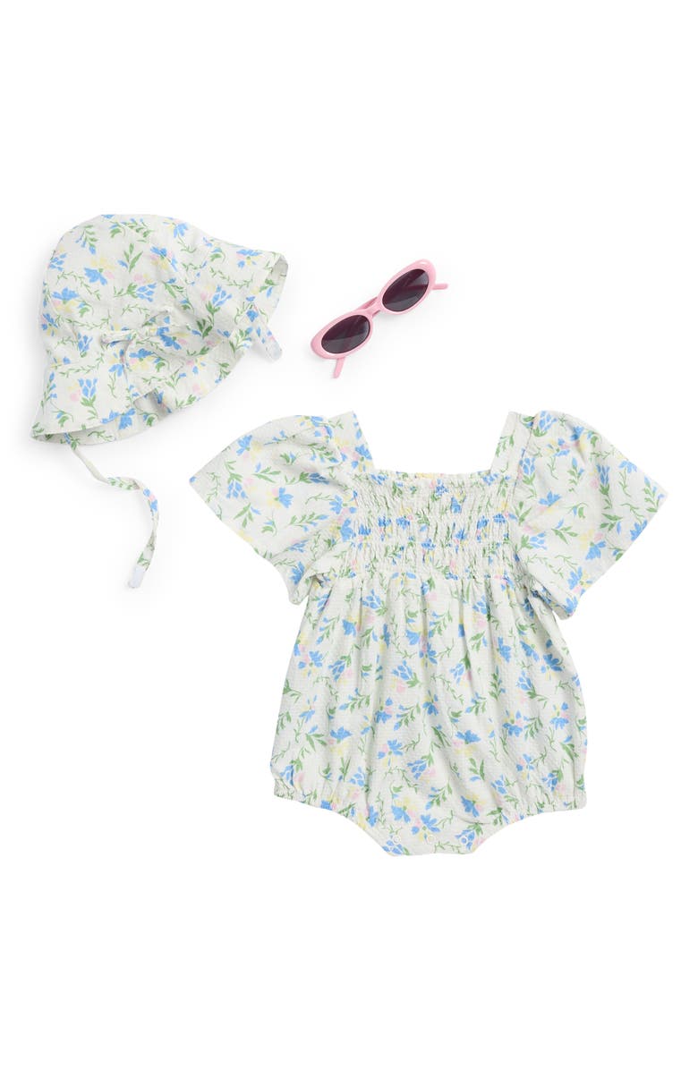Jessica Simpson Flutter Sleeve Romper, Floppy Hat & Sunglasses Set, Main, color, 