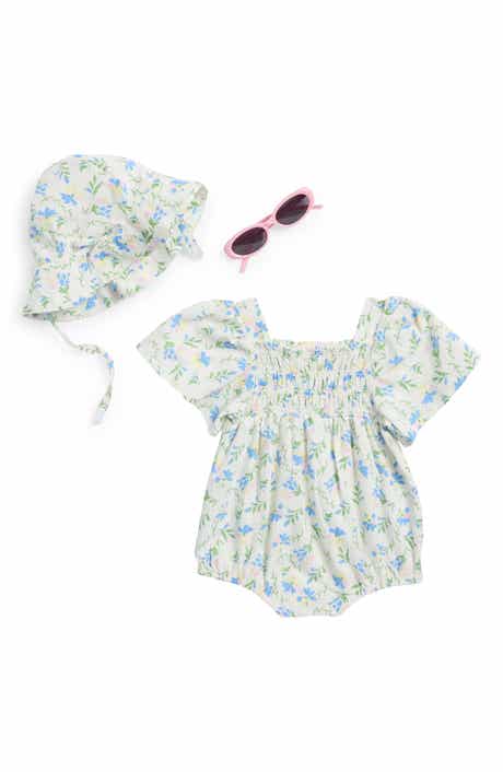 Jessica Simpson Flutter Sleeve Romper, Floppy Hat & Sunglasses Set