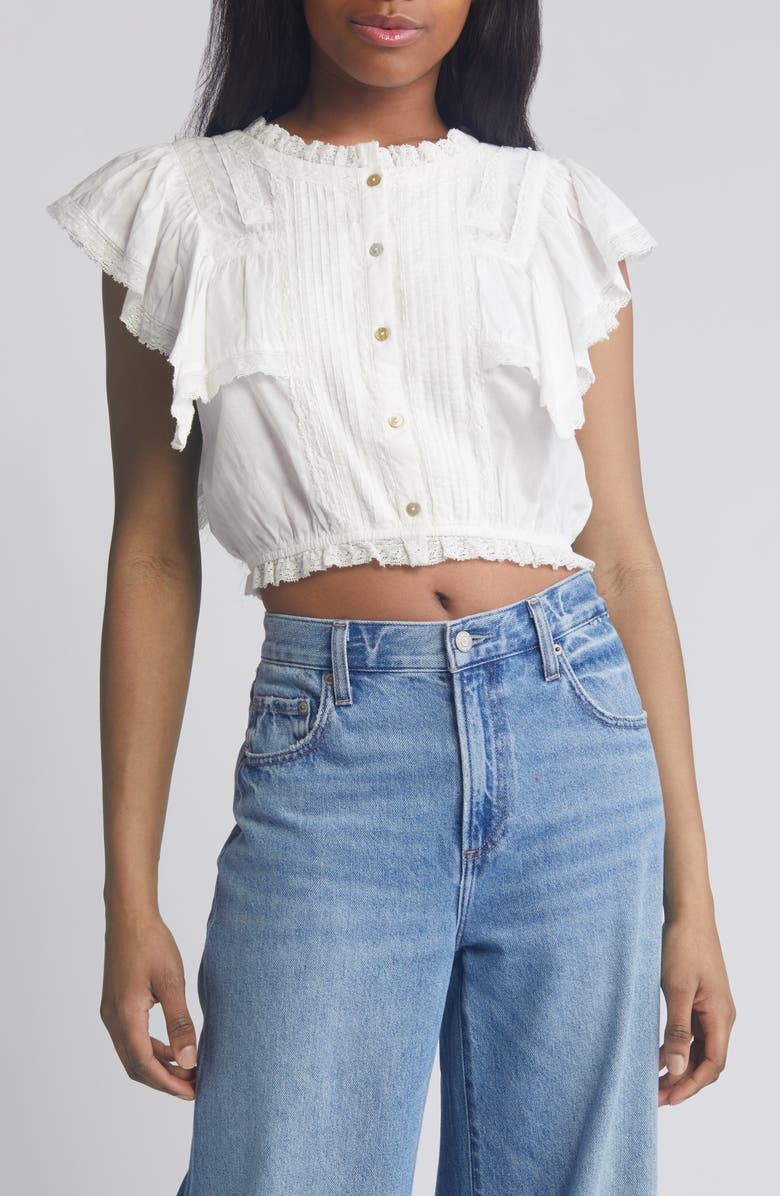 LoveShackFancy Nora Lace Ruffle Crop Top, Main, color, Antique White