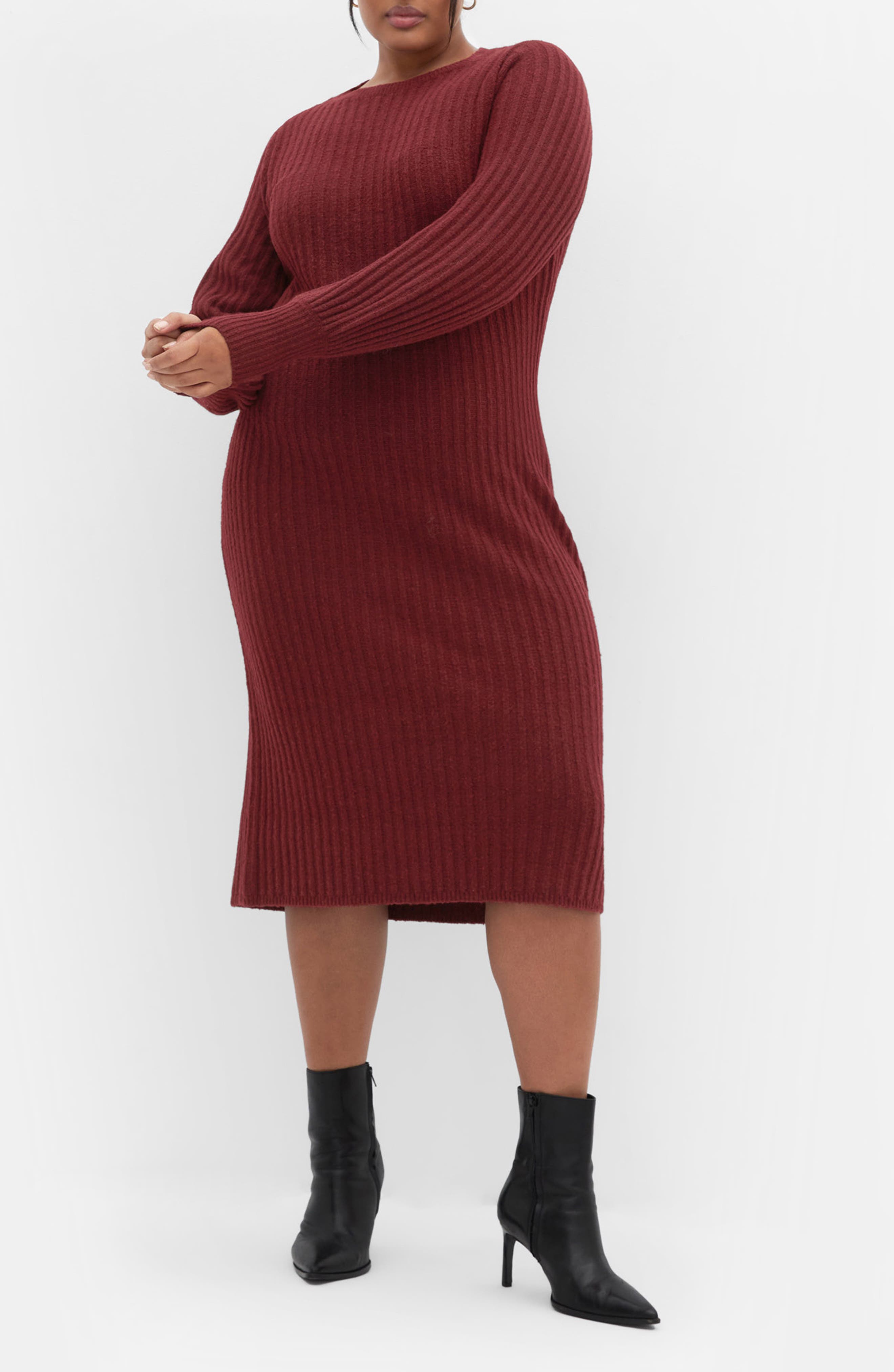 City Chic Sarah Long Sleeve Rib Sweater Midi Dress In Burgundy