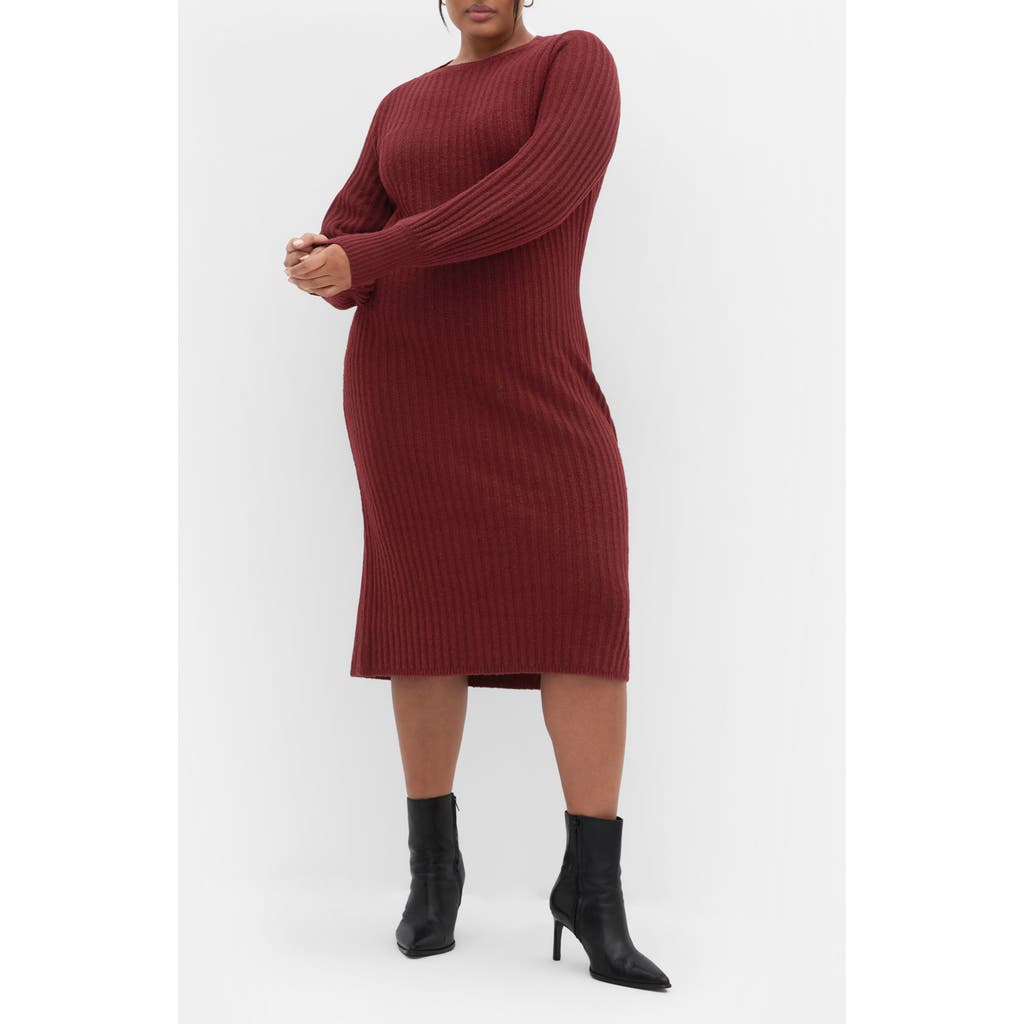 City Chic Sarah Long Sleeve Rib Sweater Midi Dress In Burgundy