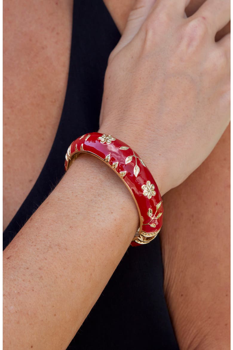 Enamel Floral Hinge Bangle, Main, color, RED
