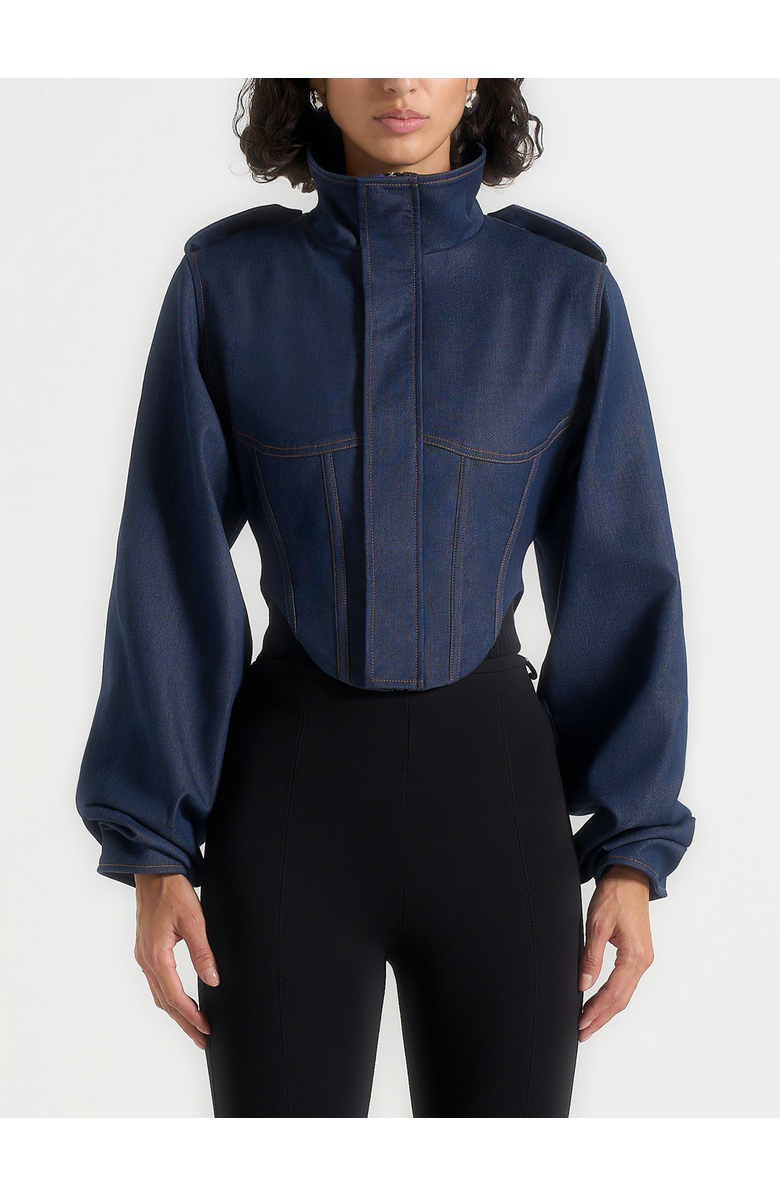 Manière De Voir Solange Denim Tacked Sleeve Corset Jacket, Alternate, color, Polished Indigo
