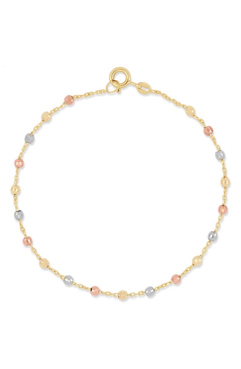 14K Gold Tri-Tone Beaded Station Chain Bracelet