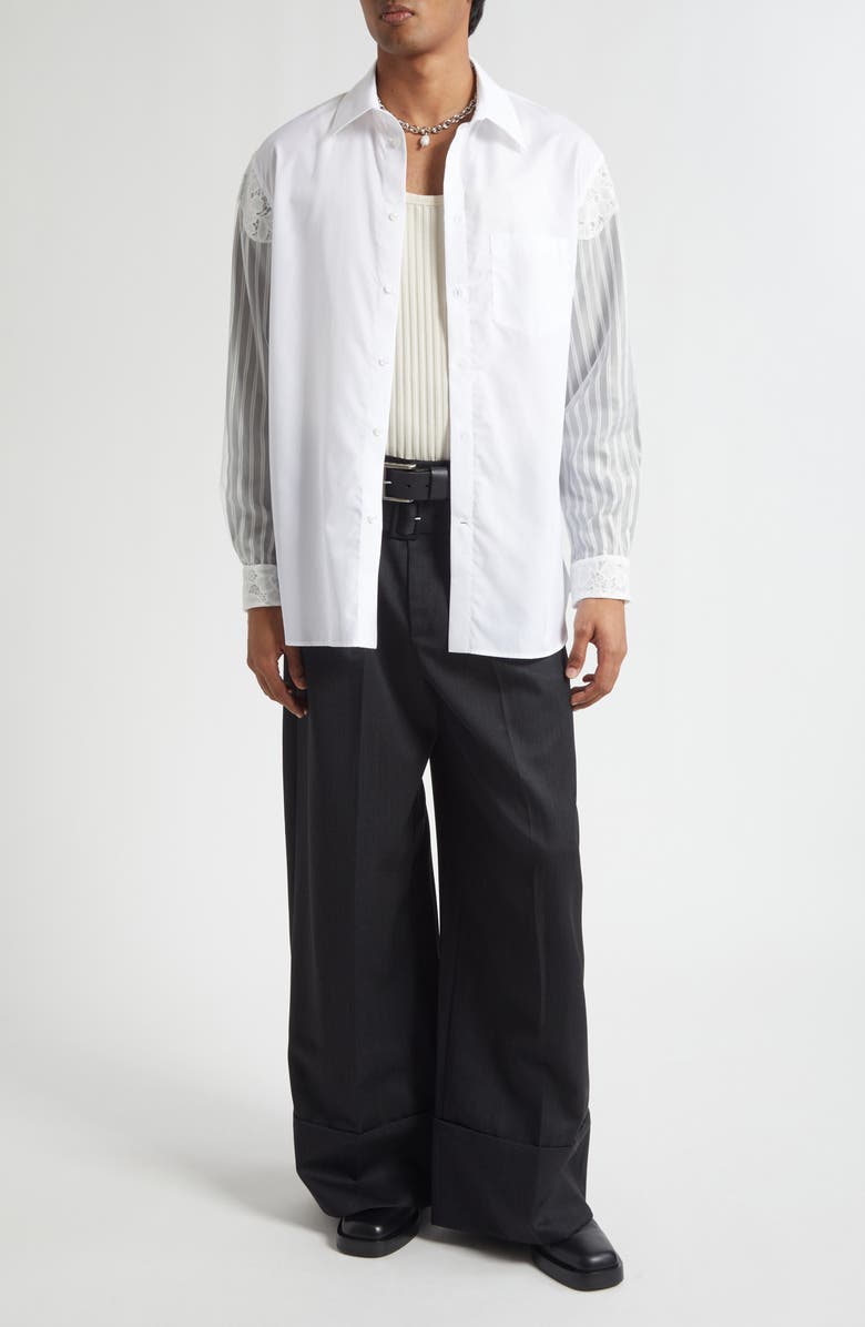 Simone Rocha Lace Trim Mixed Media Button-Up Shirt, Alternate, color,