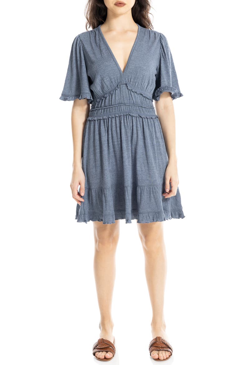 V-Neck Flutter Sleeve Short Dress, Main, color, DENIM
