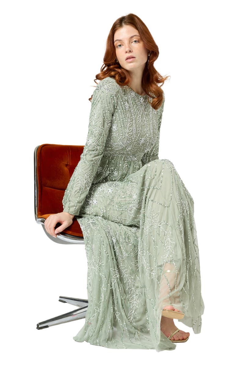 MARYISA Occasion Modest Embellished Sequin Beaded Floral High Neck Evening Gown, Alternate, color, Sage Green