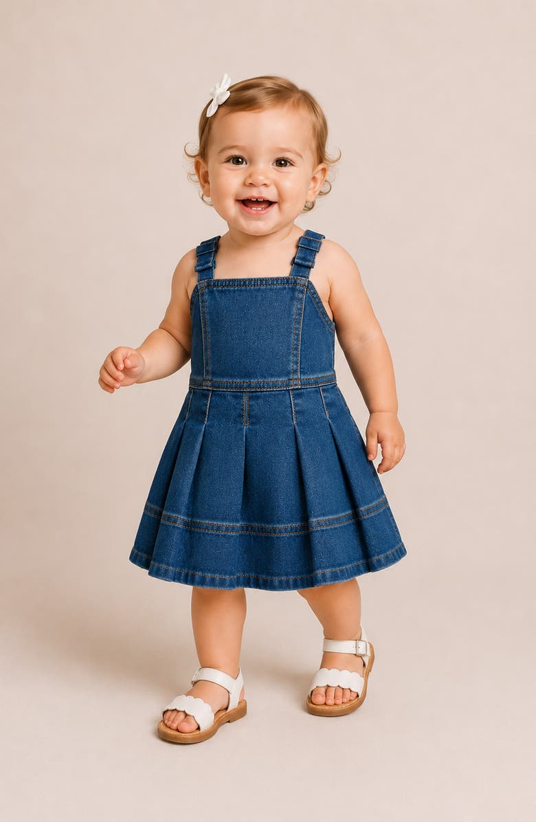 Habitual Kids Pleated Bow Strap Cotton Blend Denim Dress with Bloomers, Alternate, color, Denim