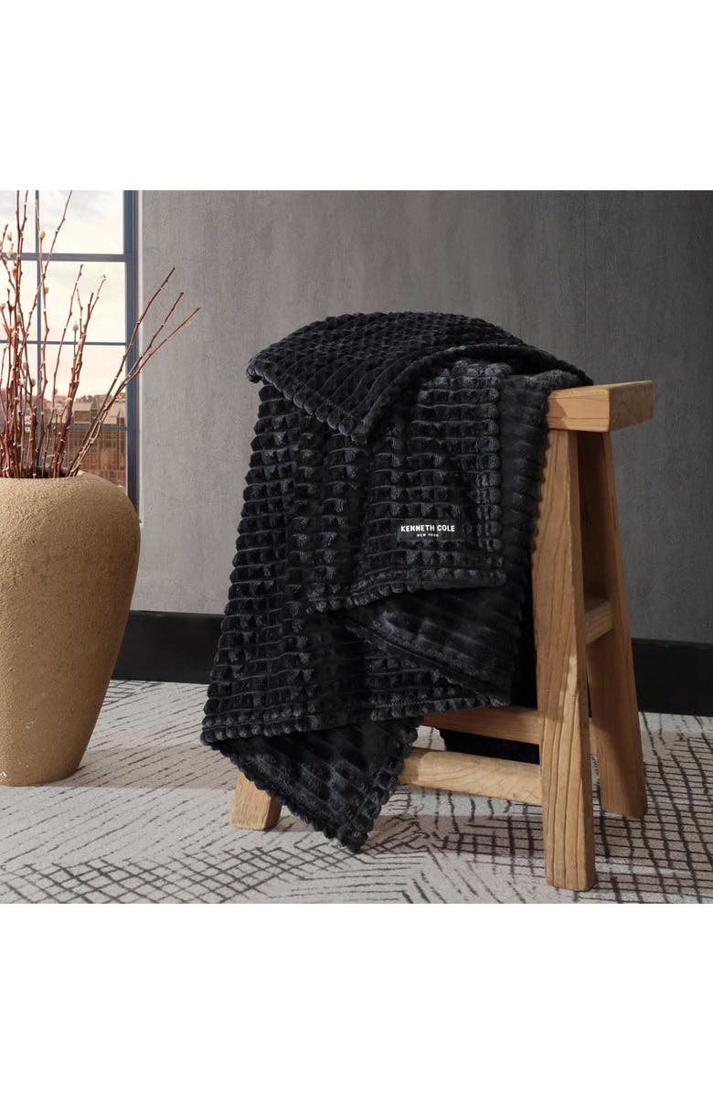 Kenneth Cole New York Solid Textured Plush Throw, Alternate, color, Black