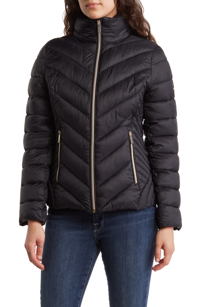 Michael Kors Water Resistant Hooded Chevron Puffer Jacket, Main, color, 