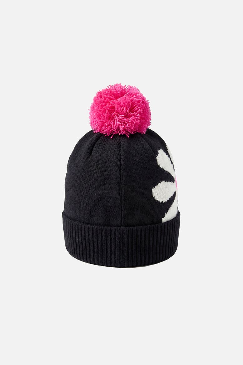 Winter Oversized Flower Fleece-Lined Pompom Knit Hat, Alternate, color, Black, White and Pink