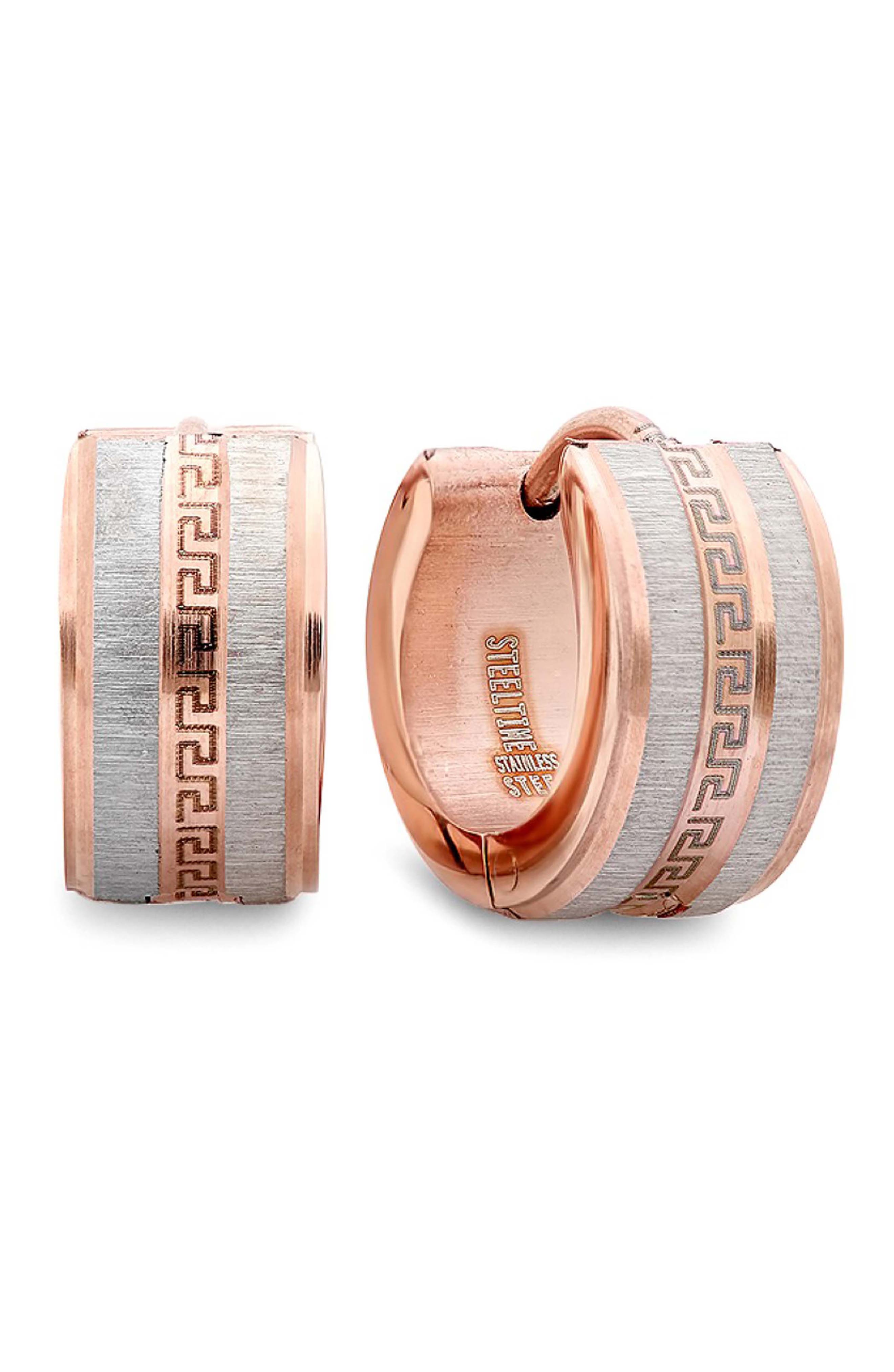 Steeltime Two-tone Greek Key Hoop Earrings In Gold