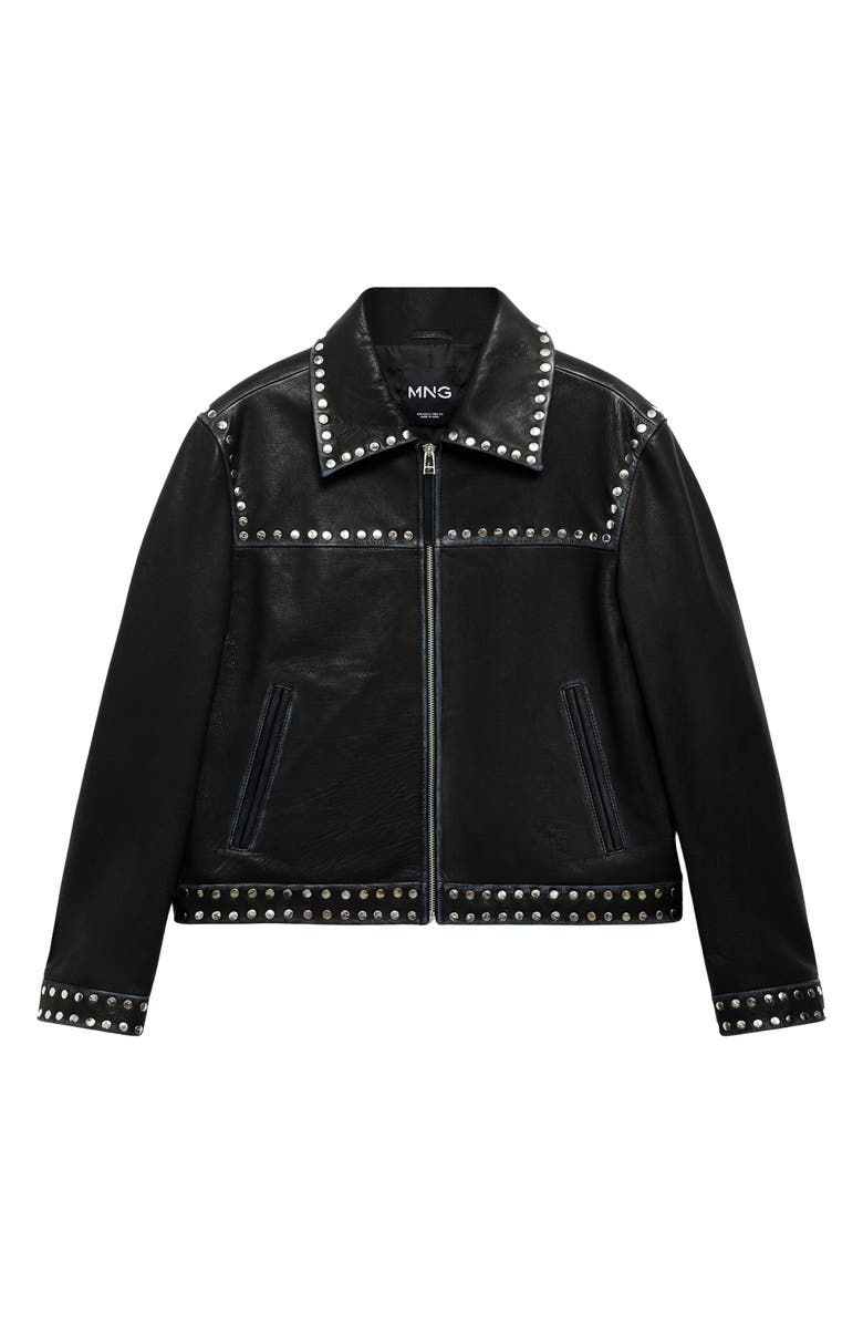 MANGO Studded Leather Jacket, Alternate, color, Black