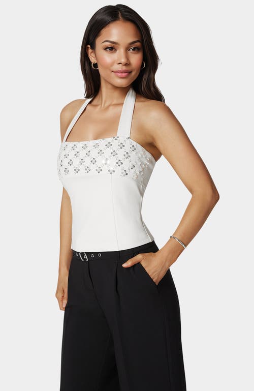 Bebe Halter Neck Bead Sequin Top In White