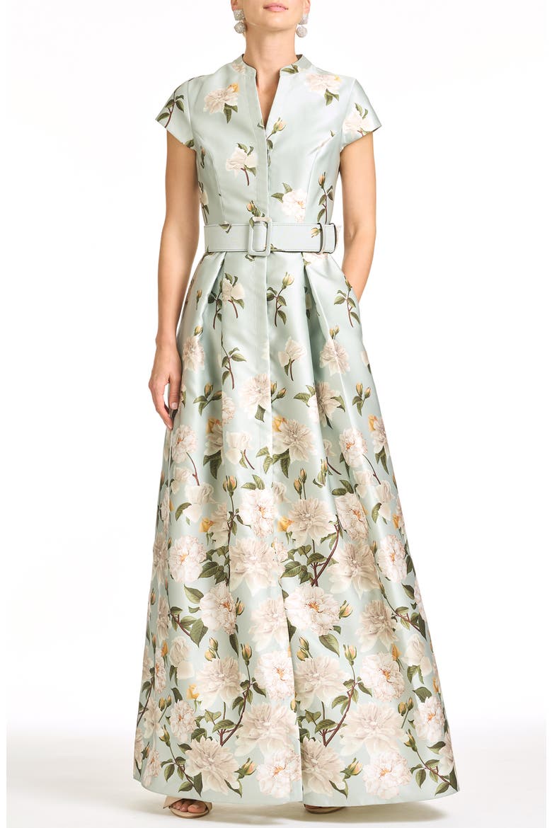 Marta Floral Belted Gown, Main, color, CELADON SWEETBRIAR