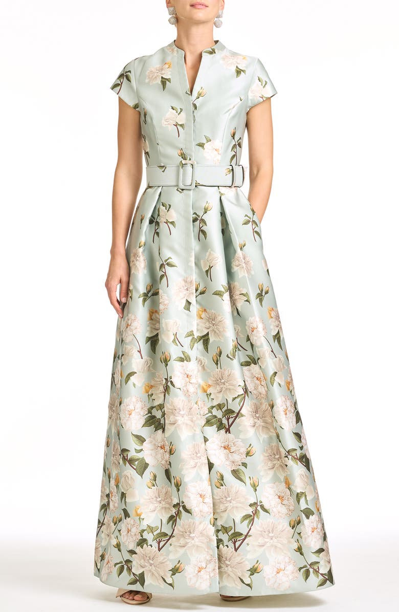 Sachin & Babi Marta Floral Belted Gown, Main, color, Celadon Sweetbriar