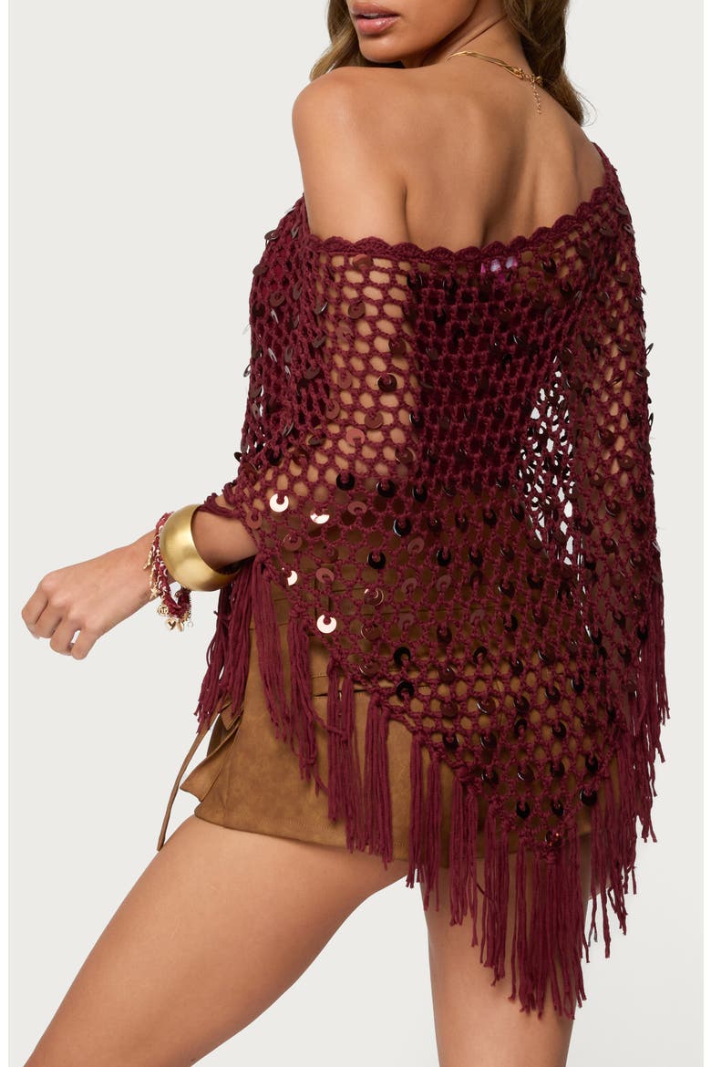 Open Stitch Sequin Fringe Poncho, Alternate, color, BURGUNDY
