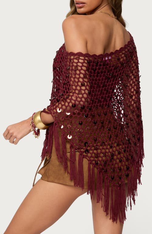 Edikted Open Stitch Sequin Fringe Poncho In Burgundy