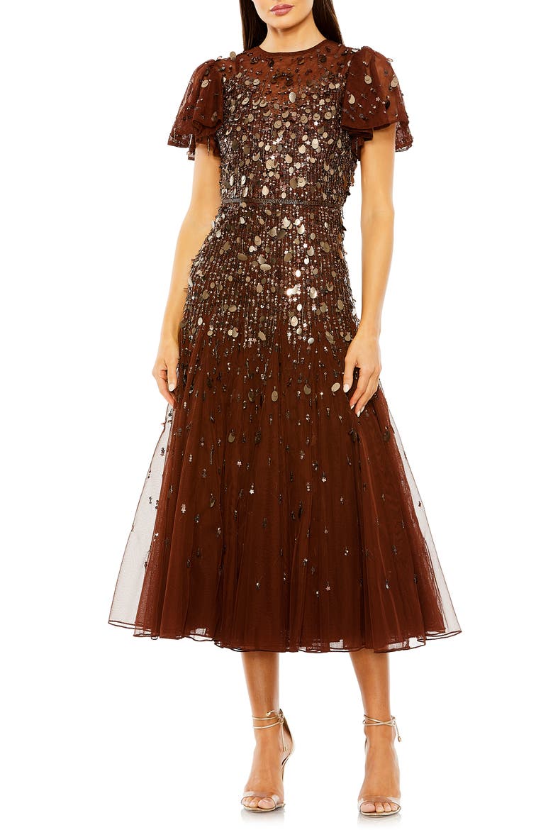 Flutter Sleeve Sheer Top Beaded Dress, Main, color, ESPRESSO