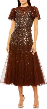 Mac Duggal Flutter Sleeve Sheer Top Beaded Dress