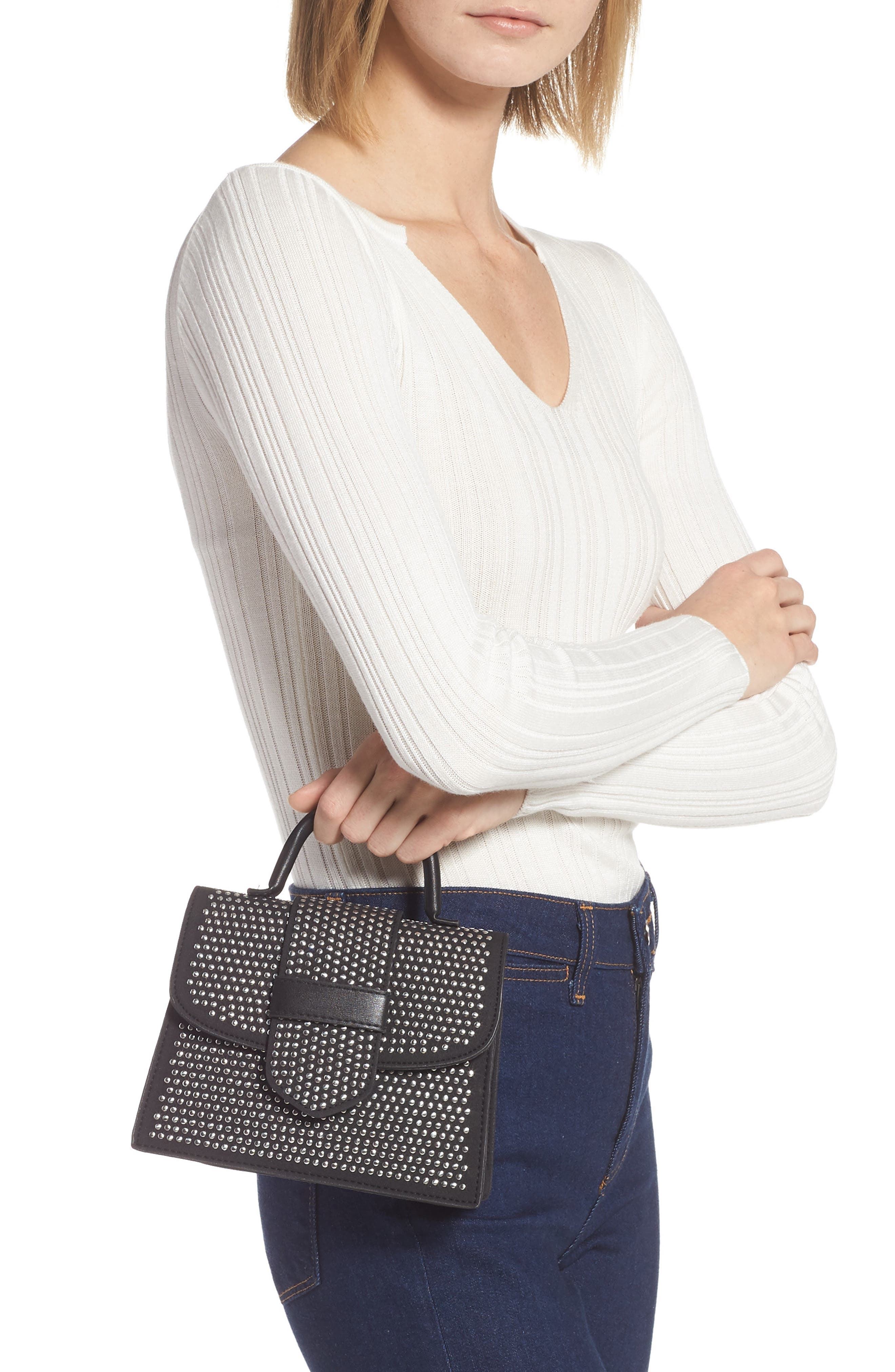 Steve Madden Mini Studded Faux Leather Top Handle Satchel, Alternate, color, 