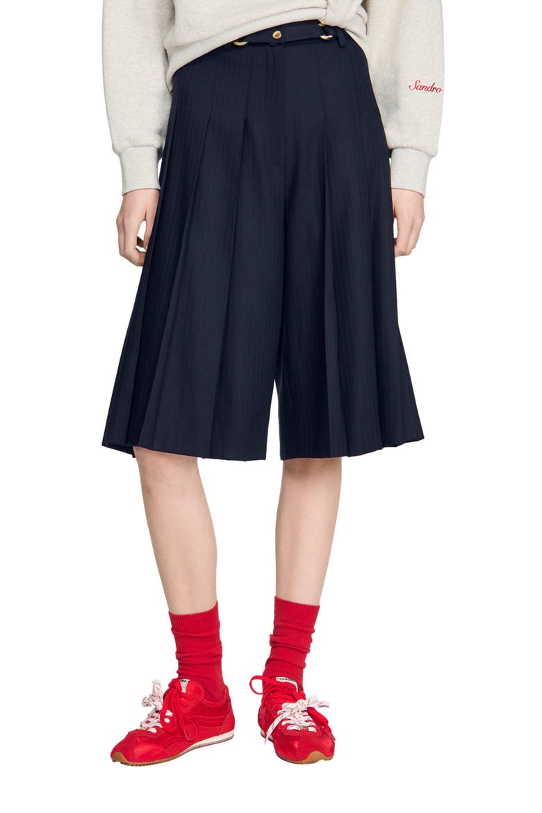 Long pleated wool shorts, Main, color, Navy blue