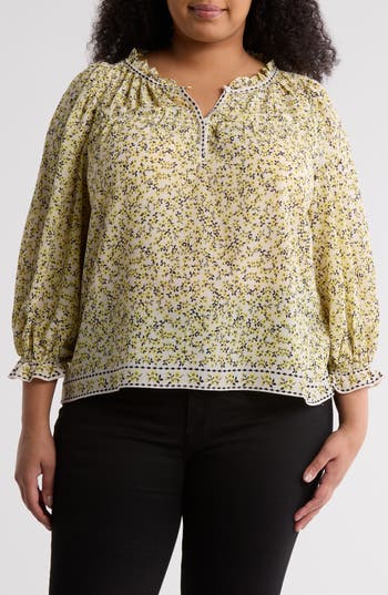 Max Studio Floral Balloon Sleeve Top In Yellow