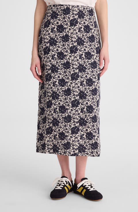 Floral Print Linen Midi Skirt
