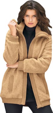Roaman's Plus Size High Collar Teddy Fleece Bomber