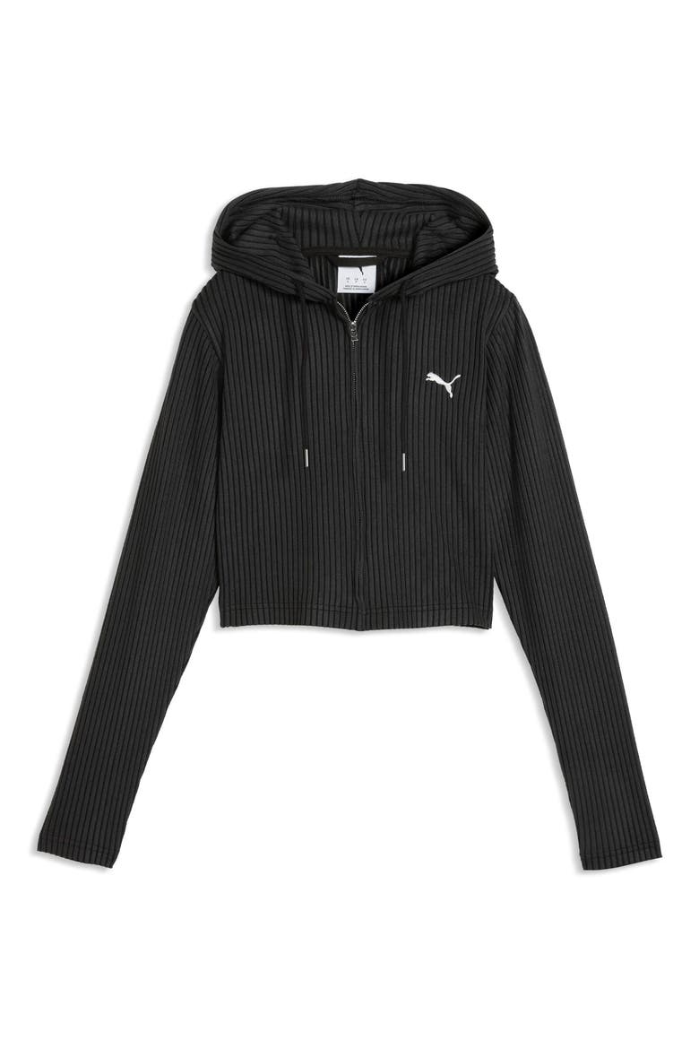 Essentials Ribbed Full Zip Hoodie, Alternate, color, PUMA BLACK