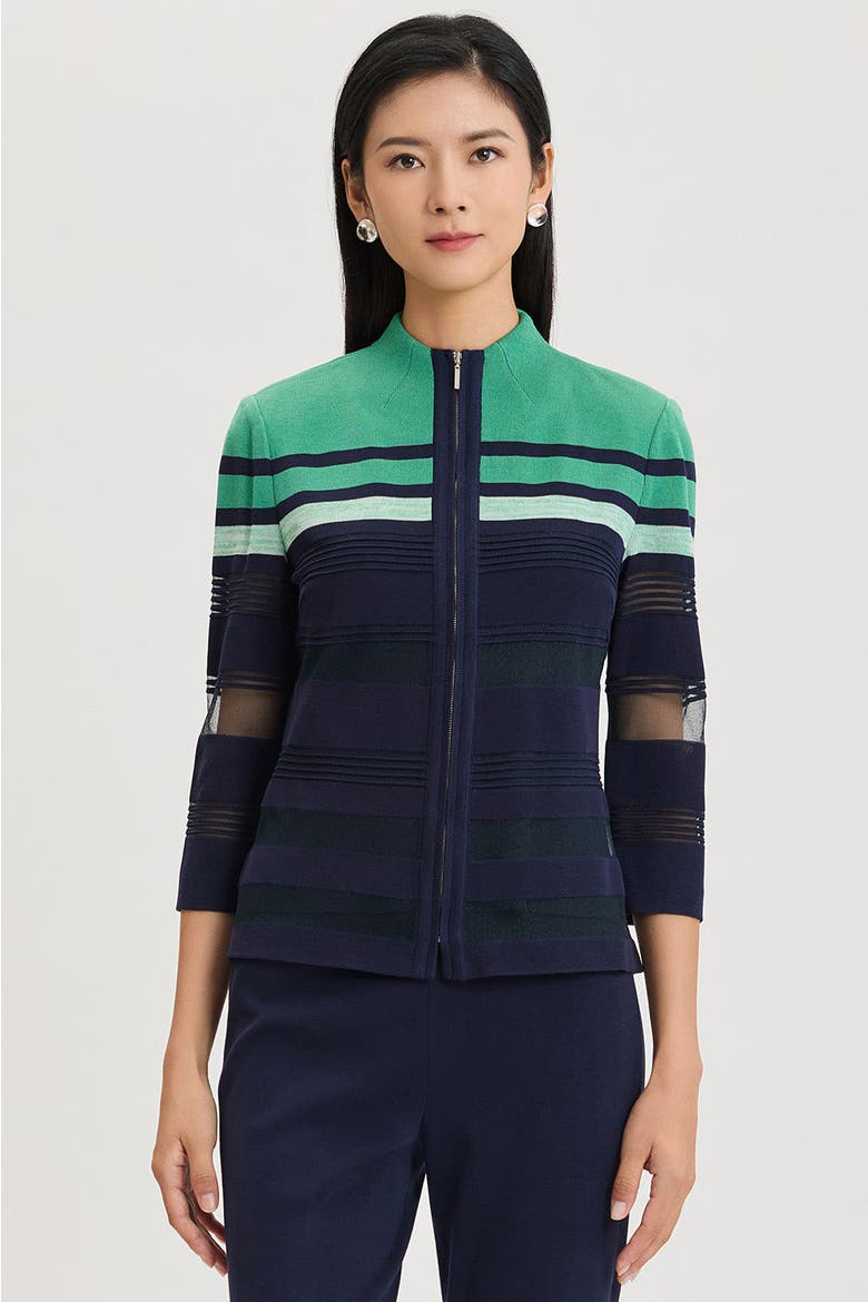 Heritage Zip-Front Sheer Knit Jacket, Alternate, color, Kelly Green/Indigo/Ivory