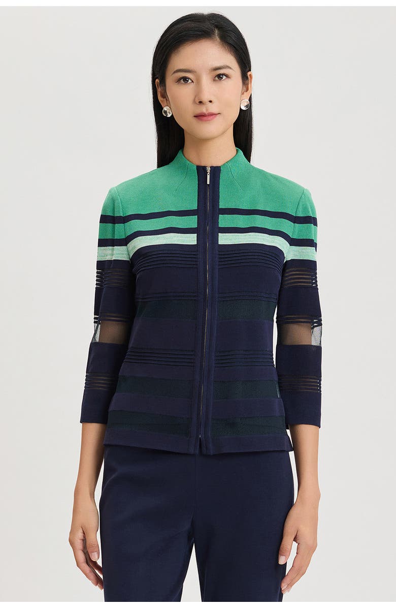 Ming Wang Heritage Zip-Front Sheer Knit Jacket, Main, color, Kelly Green/Indigo/Ivory