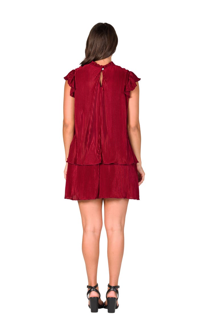 Petites Ruffle Cap Sleeve High Neck Pleated Tiered Mini Dress, Alternate, color, Wine