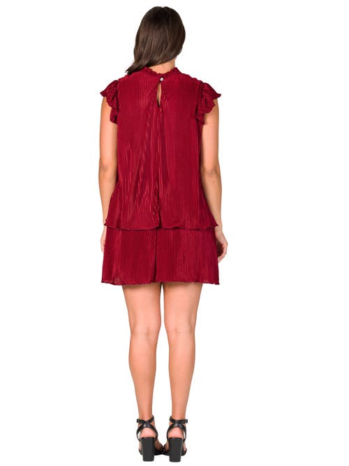 24seven Comfort Apparel Micropleat Tiered Minidress In Burgundy