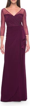 La Femme Evening Gown with Illusion Rhinestone Sleeves