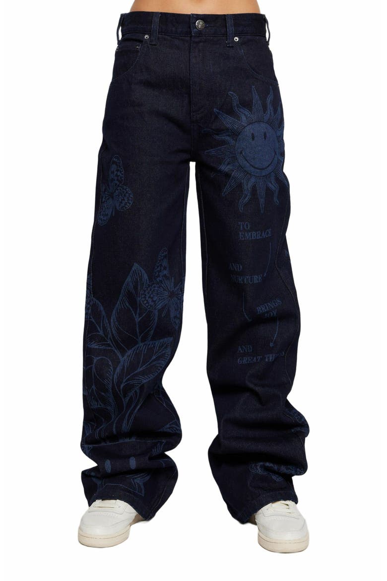 OVERDYE PRINTED SMILEY DENIM PANTS, Alternate, color, DARK BLUE