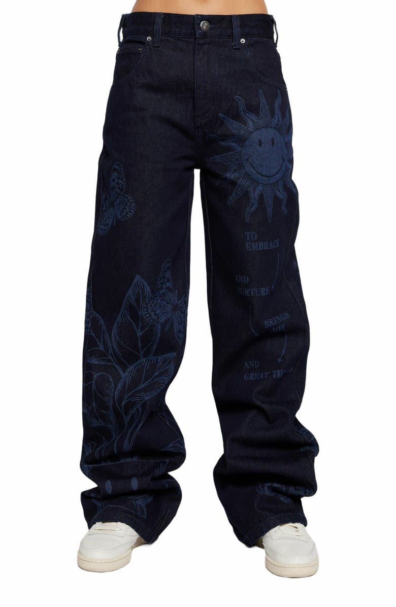 Samii Ryan OVERDYE PRINTED SMILEY DENIM PANTS, Alternate, color, Dark Blue