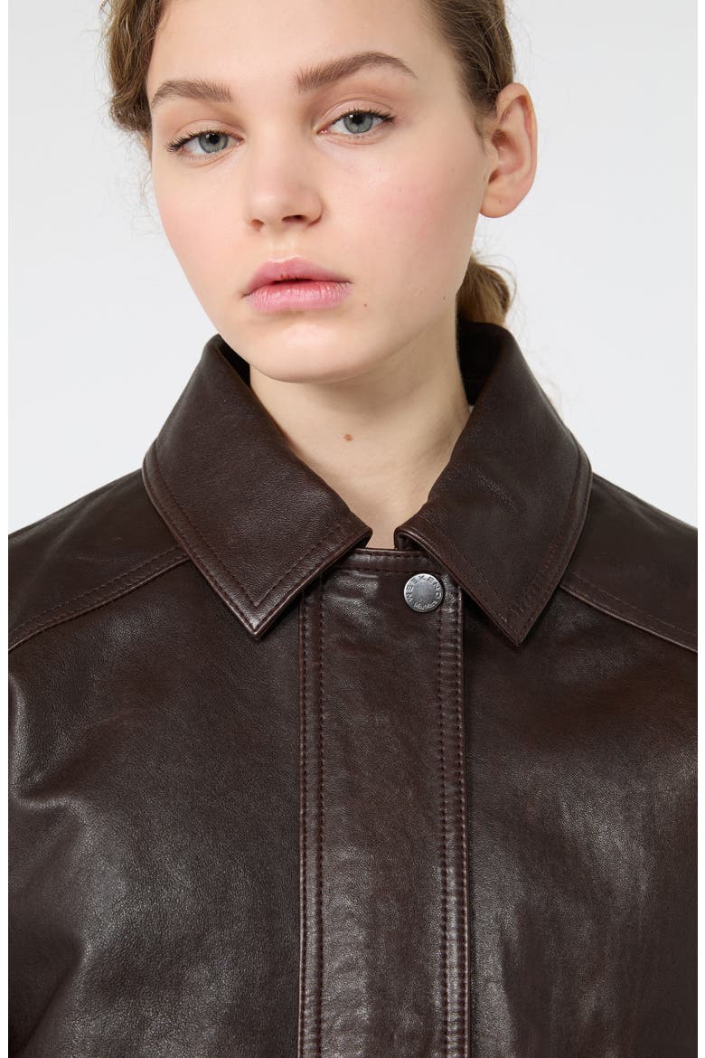Genuine Shearling Collar Leather Bomber Jacket, Alternate, color, DARK BROWN