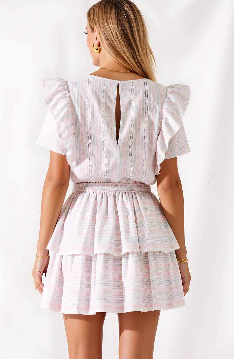 Modenaire Textured Ruffle Sleeve Mini Dress with Tiered Hem and Subtle Stripe Pattern, Alternate, color, 