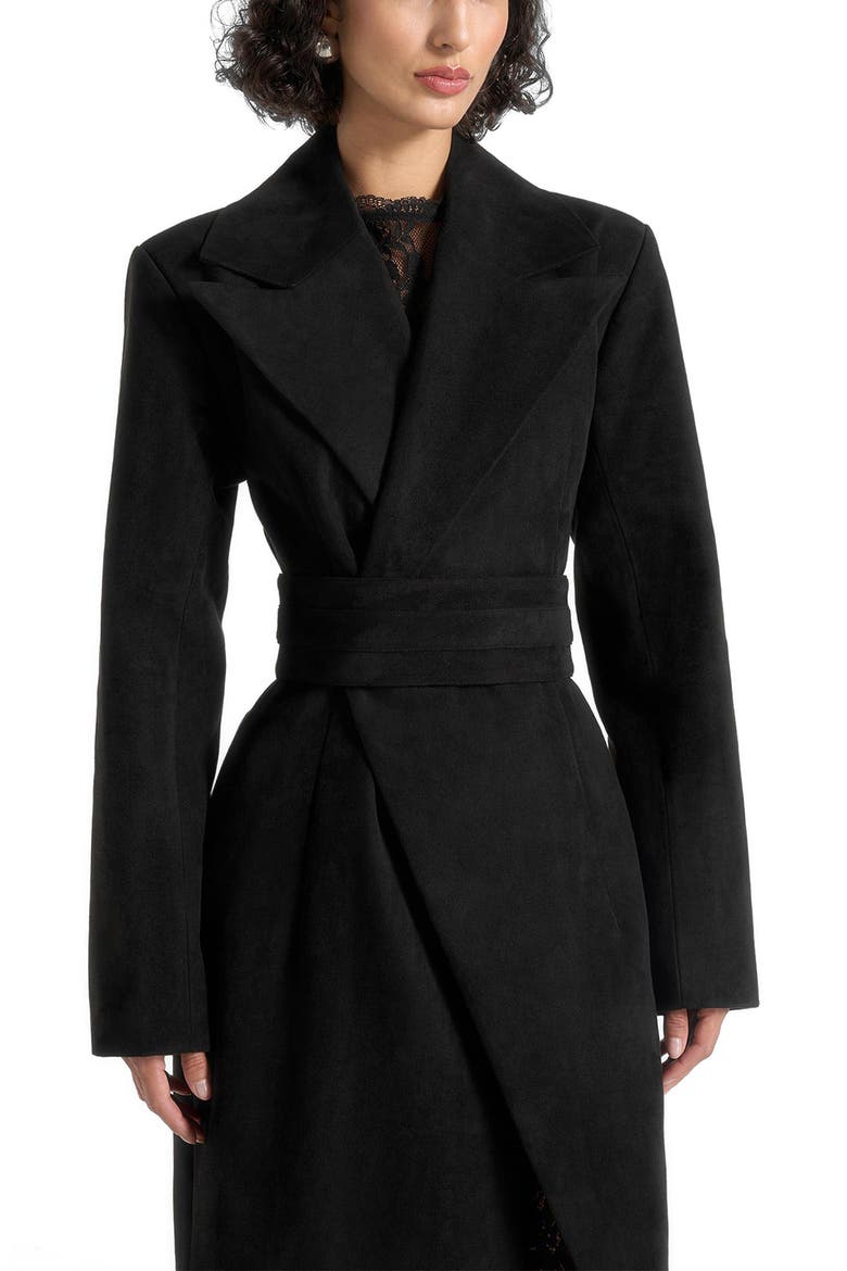 Esma Suede Asymmetric Coat with Cinch Belt, Alternate, color, Black