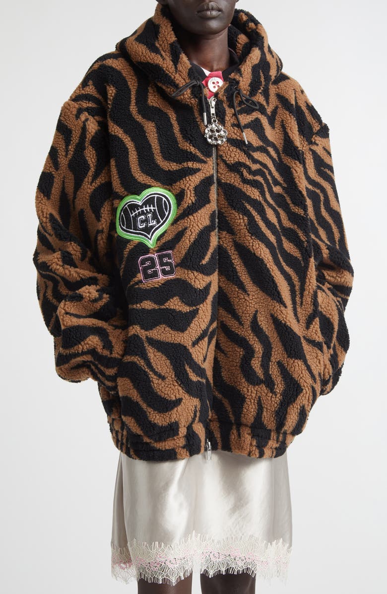 Chopova Lowena Tiger Stripe Oversize High Pile Fleece Full Zip Hoodie, Alternate, color, Brown And Black