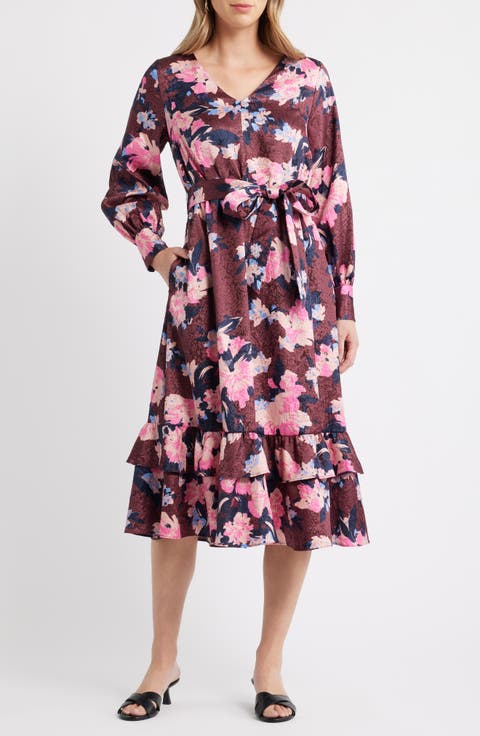Ruffle Tie Waist Long Sleeve Midi Dress