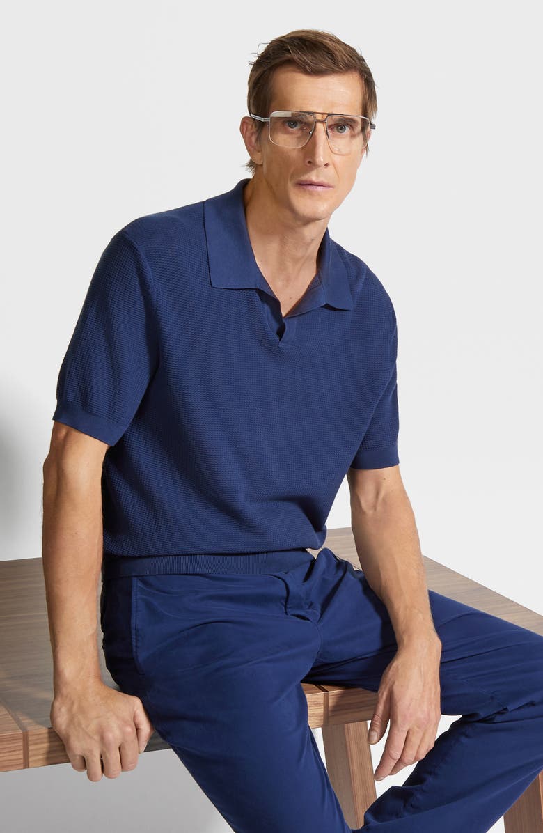 ZEGNA Premium Cotton Waffle Stitch Polo Sweater, Alternate, color, Blu Ciano