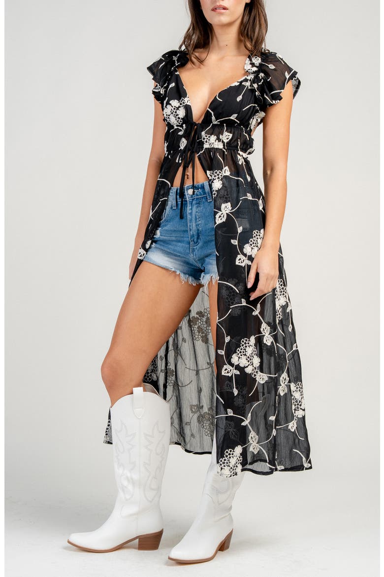 Embroidered Chiffon Ruffle Top, Alternate, color, BLACK