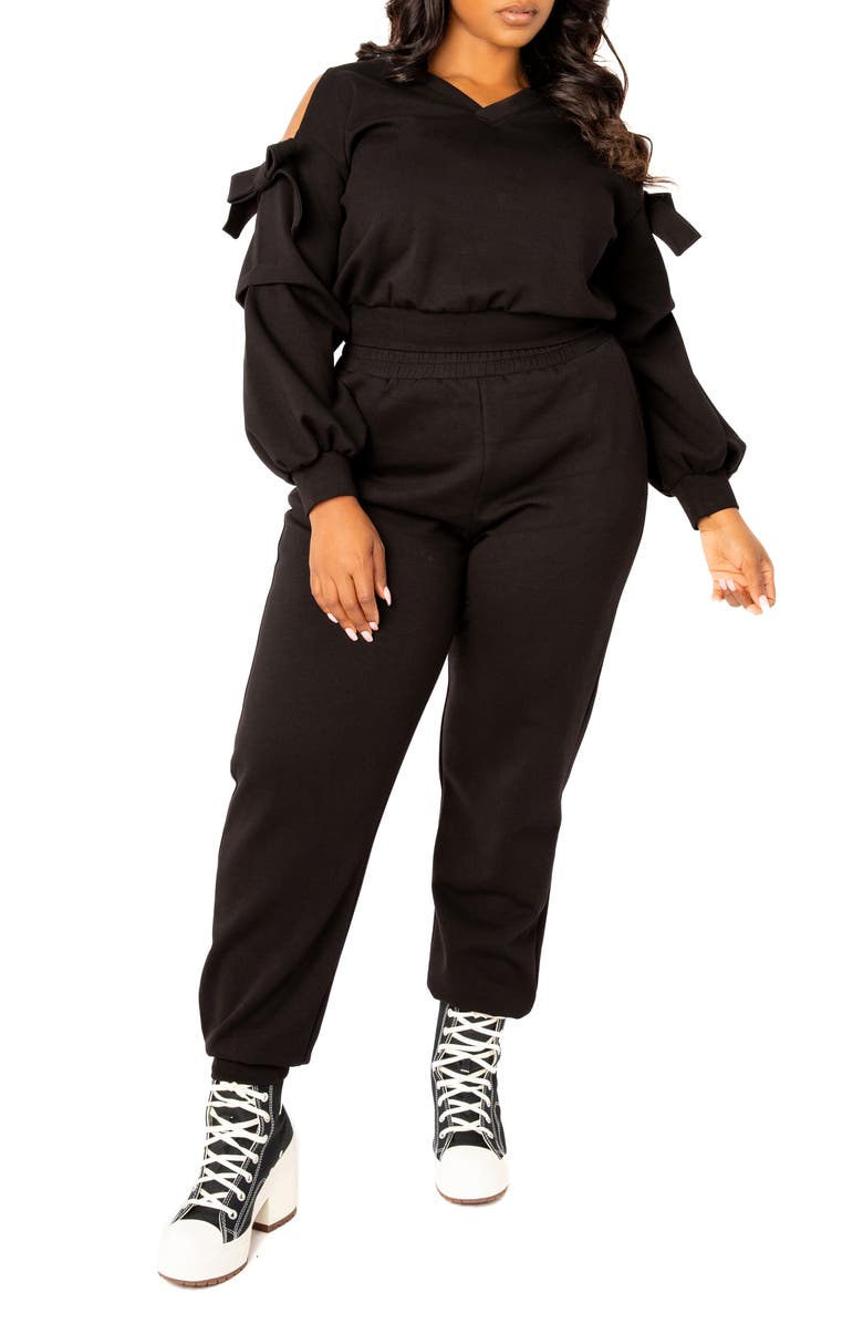 BUXOM COUTURE Scuba Knit Cold Shoulder Sweatshirt & Jogger Set, Alternate, color, Black