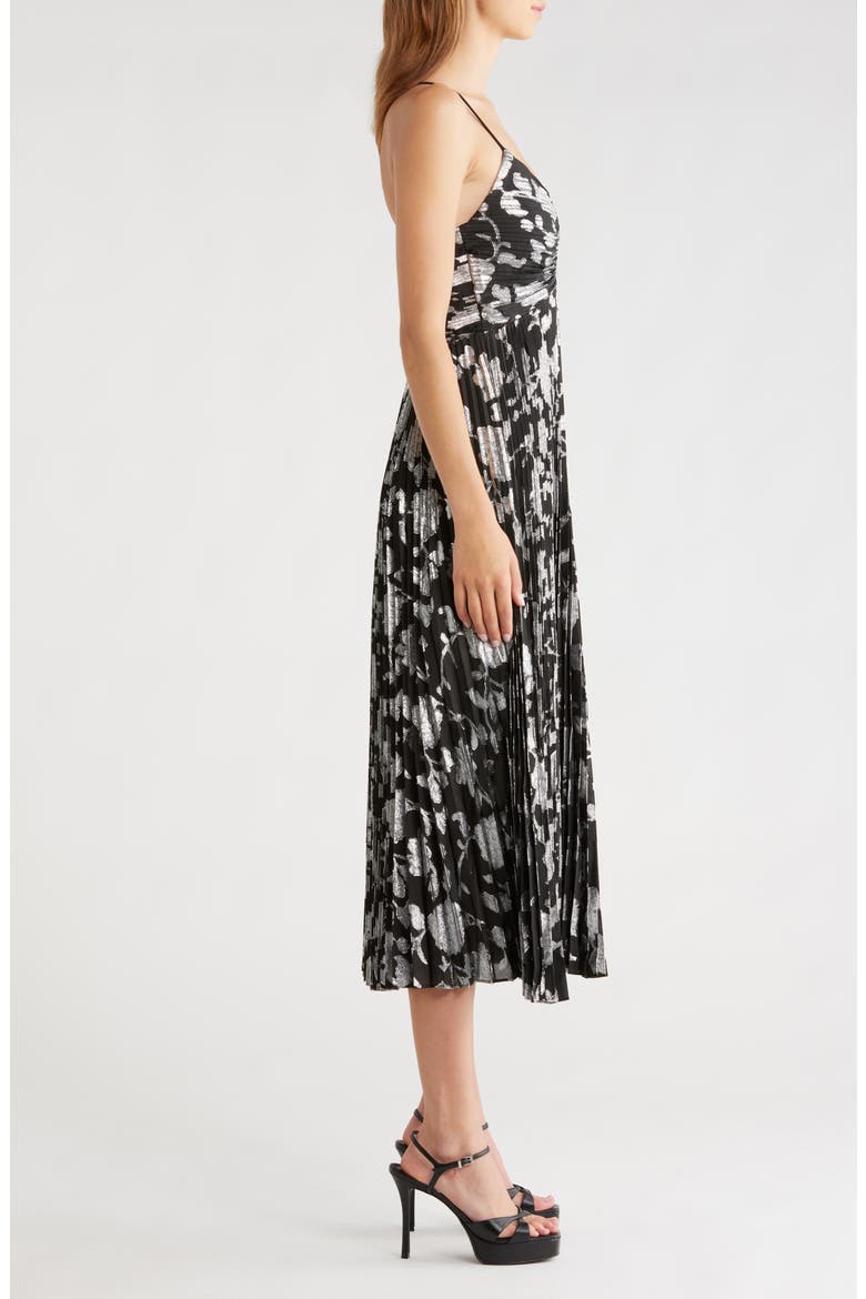 Saoirse Floral Metallic Pleated Mini Dress, Alternate, color, BLACK SILVER