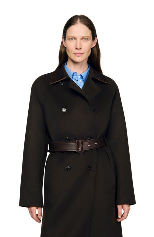 Sandro Long Wool And Leather Coat In Black