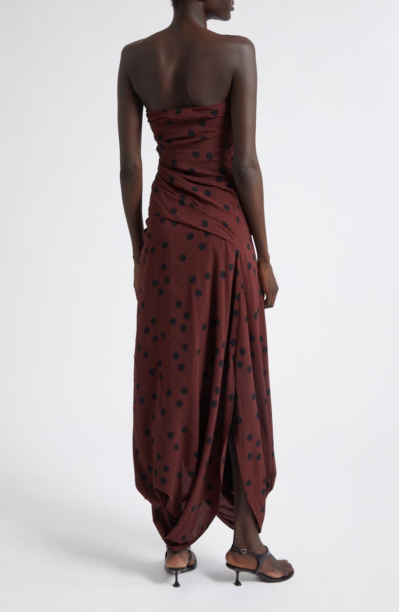 Proenza Schouler Nayara Dot Print Strapless Asymmetric Midi Dress, Alternate, color, Espresso Multi
