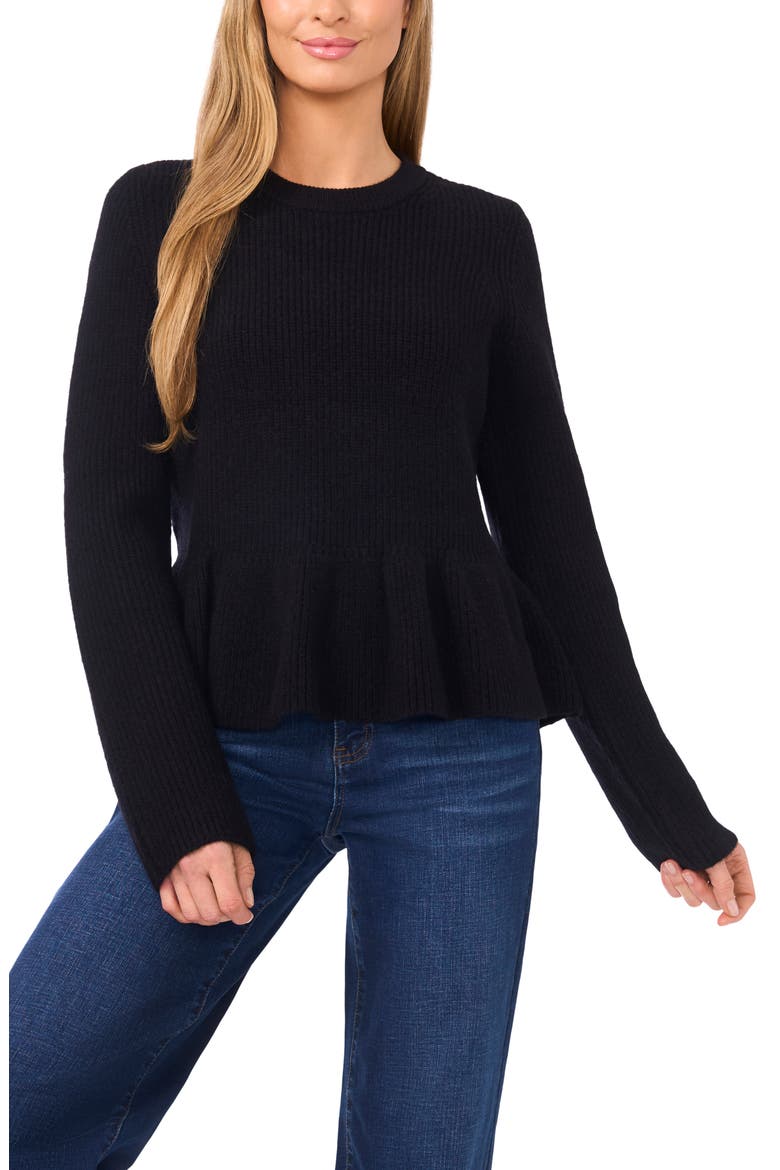 Rib Peplum Sweater, Main, color, RICH BLACK