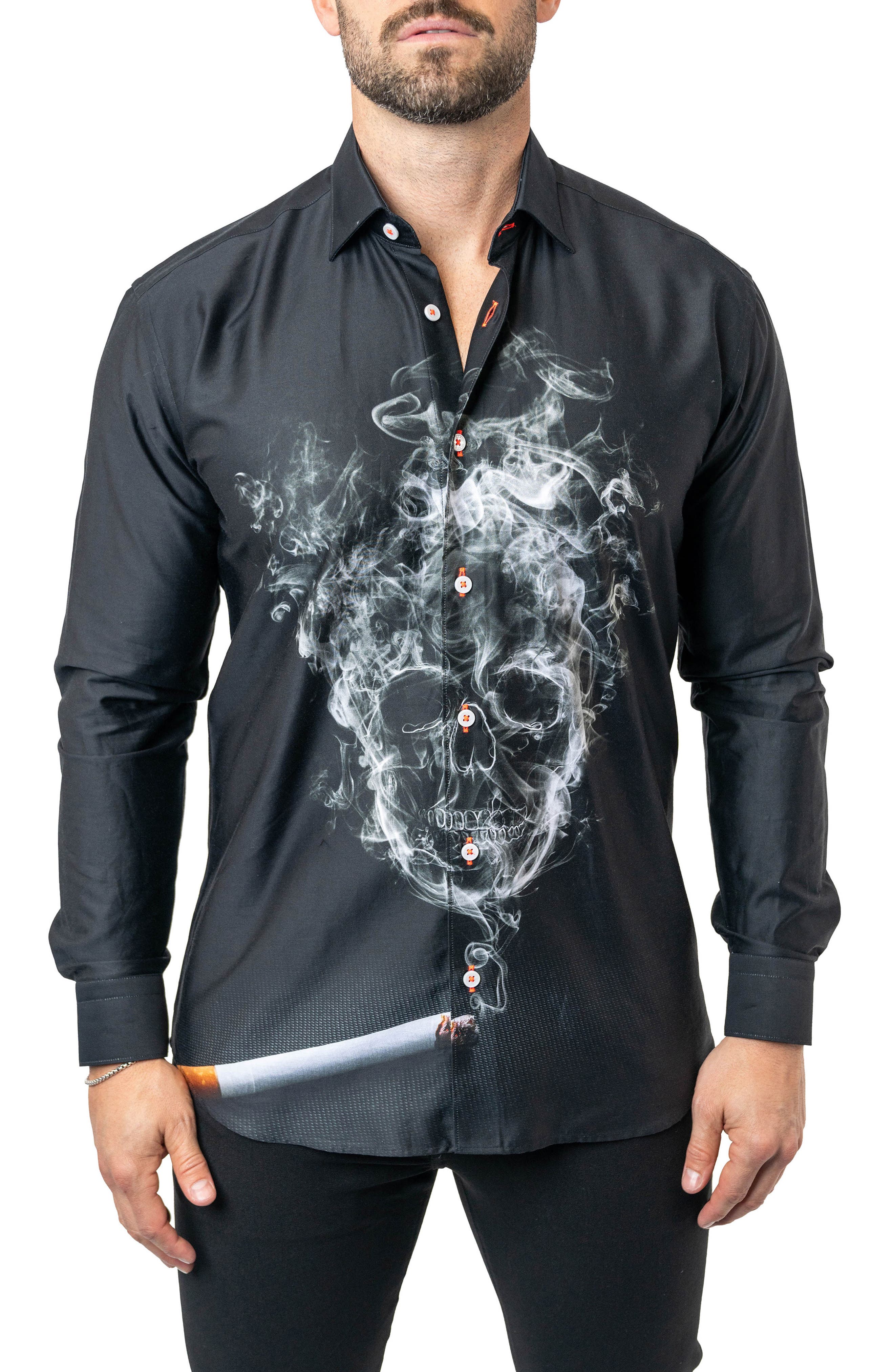 Maceoo Fibonacci Skull Smoke Cotton Button-Up Shirt
